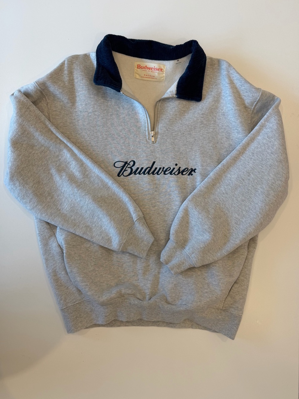 PacSun Budweiser Grey Quarter-Zip Sweater with Navy Collar